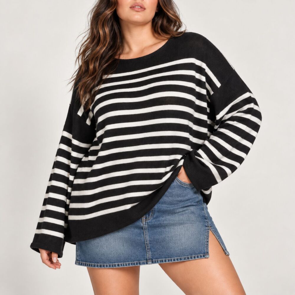 Chaps Classics 1X Black White Striped Long Sleeve Tunic Sweater Top Plus Size